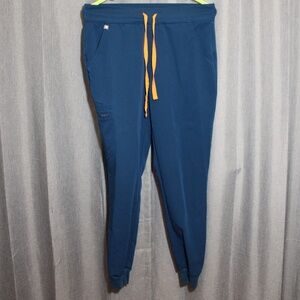Figs scrubs joggers blue with a orange draw string, size small